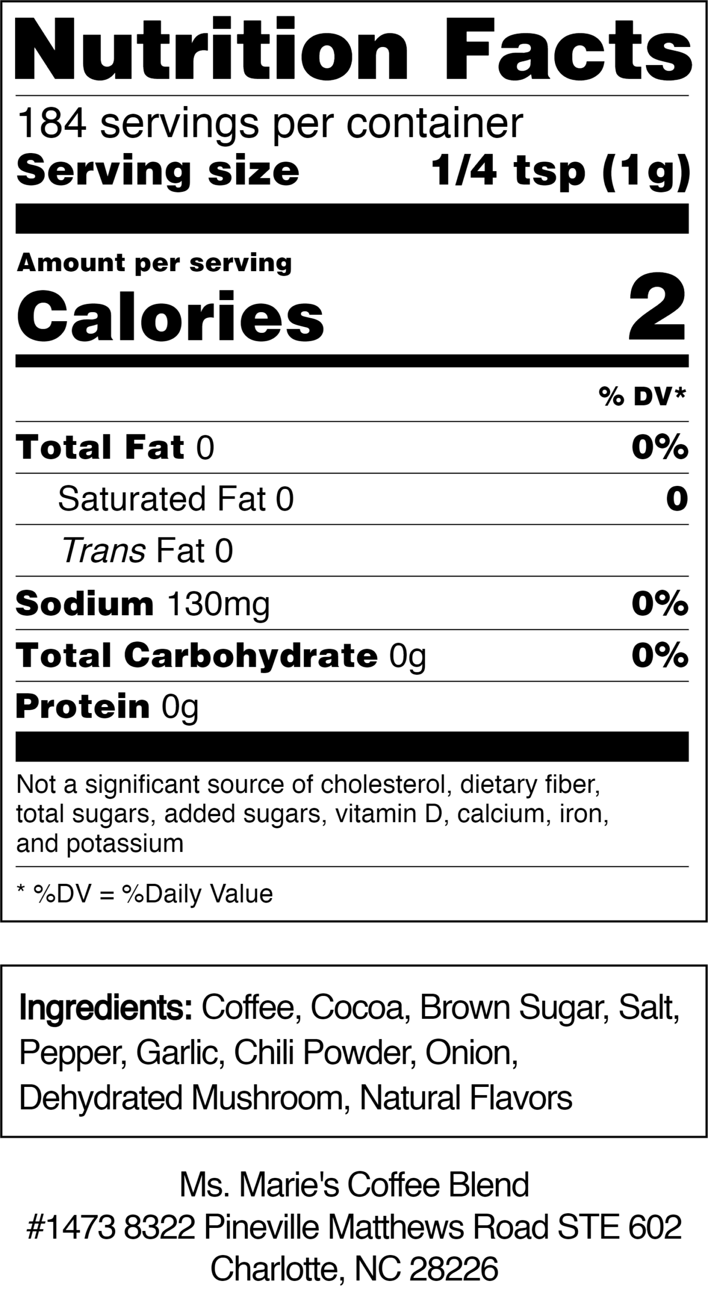 Steakrite Nutrition Label
